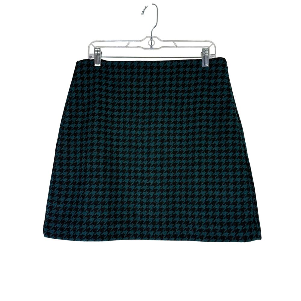Loft Green Black Houndstooth A-line Side Zipper Wool Blend Lined Skirt Size 10